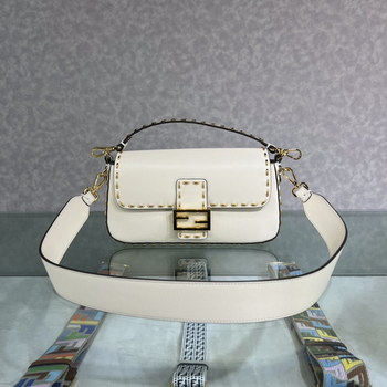 Replica Replica Fendi Baguette White Leather Bag with Metal Stitch Stitching and Decorated with FF Clasp Price Online