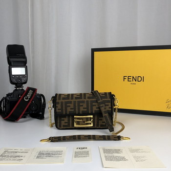 Replica Replica Fendi Baguette Brown Fabric Small Bag with Flap and FF Fastening with Magnetic Clasp