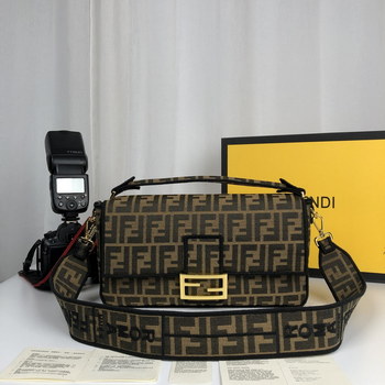 Replica Replica Fendi Baguette Brown Fabric Large Bag with Flap and FF Fastening with Magnetic Clasp