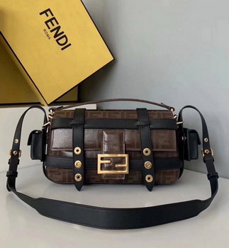 Replica Original Copy Fendi Iconic Baguette Bag with Flap and FF Fastening with Magnetic Clasp Coffee