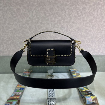 Replica Replica Fendi Baguette Black Leather Bag with Metal Stitch Stitching and Decorated with FF Clasp Price Online