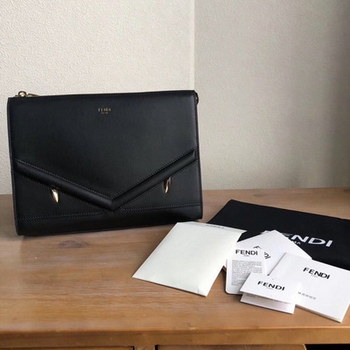 Replica Top Quality Fendi Men Black Leather Pouch With Embossed Tone on Tone Inlays