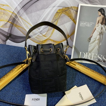 Replica Copy Fendi Mon Tresor Bucket Bag in Black Canvas with Embroidered FF Motif