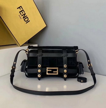 Replica Original Copy Fendi Iconic Baguette Bag with Flap and FF Fastening with Magnetic Clasp Black