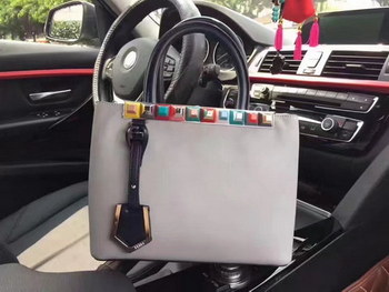 Replica Fendi Petite 2Jours Grey Leather Tote Bag with Multicolored Studs