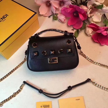 Replica Fendi Black Leather Double Micro Baguette Microbag with Black Studs