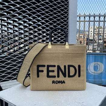 Replica Replica Fendi Sunshine Shopper Bag Natural Colored Straw with FENDI ROMA Embroidery