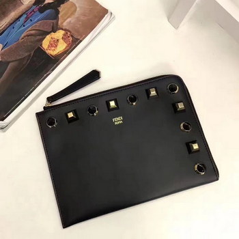 Replica Fendi Flat Clutch in Black Leather with Black Studs