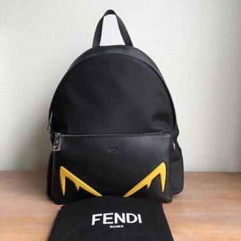 Replica Replica Fendi Men Black Leather Backpack with Yellow Embossed Diabolic Eyes