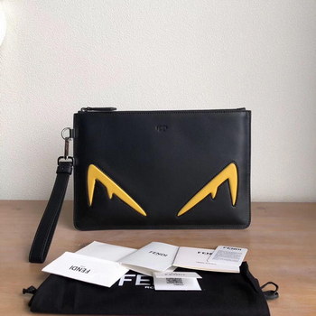 Replica Replica Fendi Men Black Leather Pouch with Yellow Embossed Diabolic Eyes