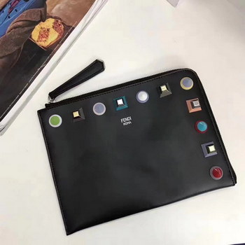 Replica Fendi Flat Clutch in Black Leather with Multicolored Studs