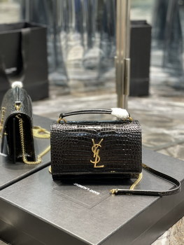 Replica Replica Saint Laurent 19cm Sunset Woc Chain Wallet in Embossed Shiny Leather Black with Gold Logo