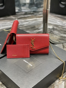 Replica Copy Saint Laurent Uptown Chain Wallet in Grain De Poudre Embossed Leather Red