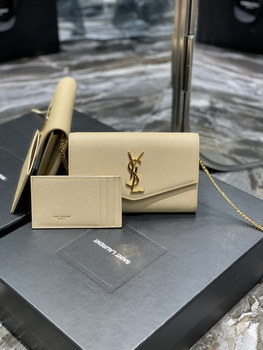 Replica Copy Saint Laurent Uptown Chain Wallet in Grain De Poudre Embossed Leather Beige