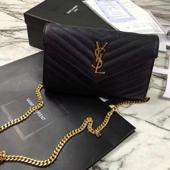 Replica Replica Saint Laurent Monogram Chain Wallet In Grain De Poudre Embossed Leather Black With Gold LOGO