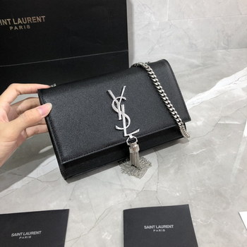 Replica Original Copy Saint Laurent Small Kate Chain Bag in Black with Tassel in Grain de Poudre Embossed Leather Sliver Hardware