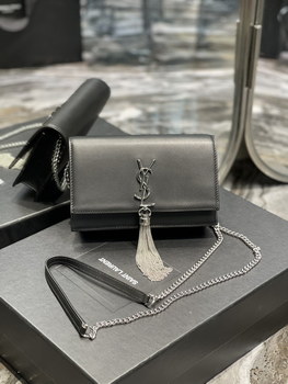 Replica Original Copy Saint Laurent Kate Chain Wallet with Tassel in Smooth Leather with Sliver