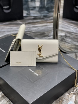 Replica Copy Saint Laurent Uptown Chain Wallet in Grain De Poudre Embossed Leather White