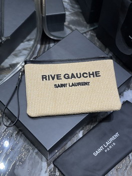 Replica 2022 New Saint Laurent Rive Gauche Zipper Pouch Textured Raffia White Copy