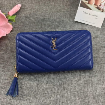 Replica Replica Saint Laurent Monogram Wallet In Grain De Poudre Embossed Leather Blue With Gold LOGO