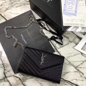 Replica Replica Saint Laurent Monogram Chain Wallet In Grain De Poudre Embossed Leather Black With Silver LOGO