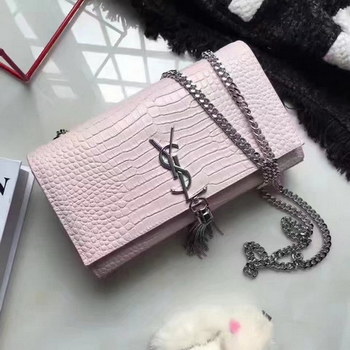 Replica Yves Saint Laurent Medium Kate Monogram Tassel Satchel Crocodile Pink Silver