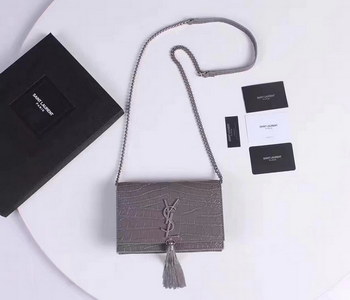 Replica Saint Laurent Classic Medium Monogram Tassel Satchel in Grey Crocodile Embossed Leather