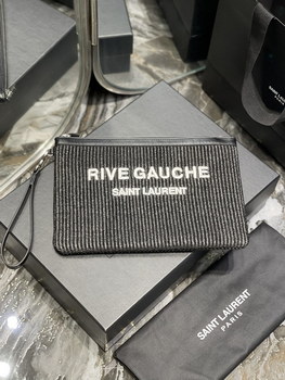 Replica 2022 New Saint Laurent Rive Gauche Zipper Pouch Textured Raffia Black Copy