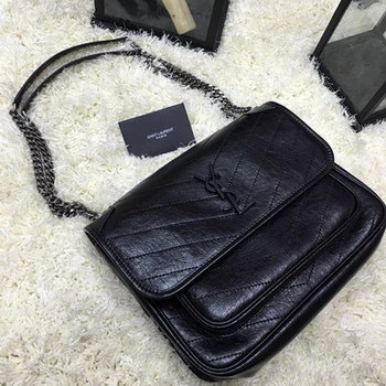 Replica Saint Laurent Medium Niki Chain Bag in Crinkled and Quilted Black Leather