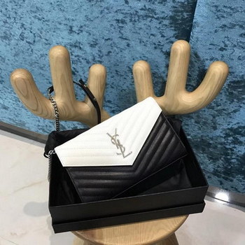 Replica NEW Replica Saint Laurent Monogram Chain Wallet Embossed Leather Black With White