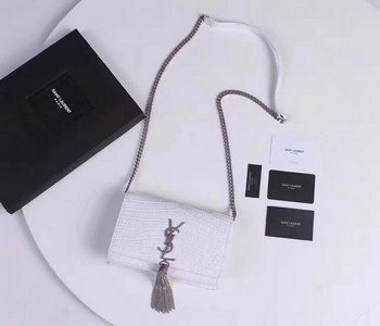Replica Saint Laurent Classic Medium Monogram Tassel Satchel in White Crocodile Embossed Leather