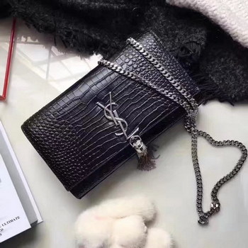 Replica Yves Saint Laurent Medium Kate Monogram Tassel Satchel Crocodile Black Silver