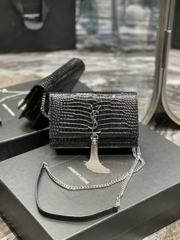 Replica Original Copy Saint Laurent Kate Chain Wallet with Tassel in Crocodile Embossed Shiny Leather Gold Hardware Black With Sliver
