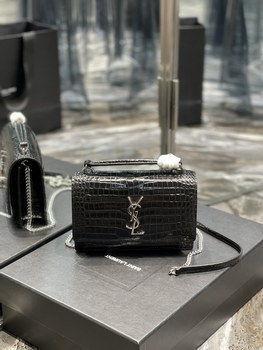 Replica Replica Saint Laurent 19cm Sunset Woc Chain Wallet in Embossed Shiny Leather Black with Sliver Logo