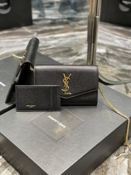 Replica Copy Saint Laurent Uptown Chain Wallet in Grain De Poudre Embossed Leather Black