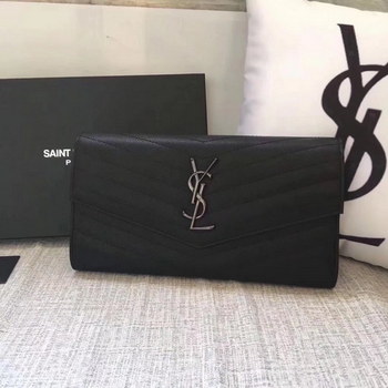 Replica Saint Laurent Large Monogram Flap Wallet In Black Grain De Poudre Textured