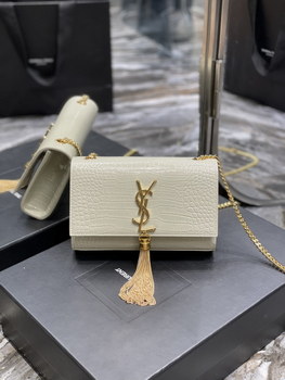 Replica Original Copy Saint Laurent Kate Chain Wallet with Tassel in Crocodile Embossed Shiny Leather Gold Hardware White