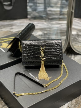 Replica Original Copy Saint Laurent Kate Chain Wallet with Tassel in Crocodile Embossed Shiny Leather Gold Hardware Black
