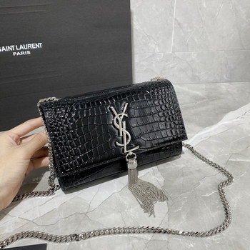 Replica Original Copy Saint Laurent Kate Chain Wallet with Tassel in Crocodile Embossed Shiny Leather Sliver Hardware