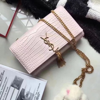 Replica Yves Saint Laurent Medium Kate Monogram Tassel Satchel Crocodile Pink Gold
