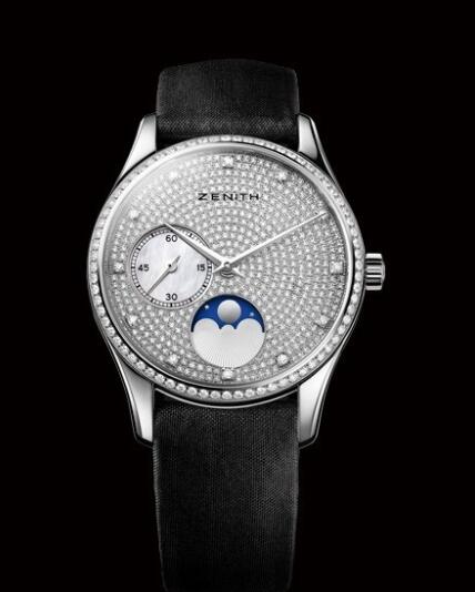 Replica Zenith Watch for Women Replica Watch Zenith Elite Ultra Thin Lady Moonphase Heritage 45231069209C717 White Gold Diamonds Mother of Pearl Satin Strap Best Buy Cheap Price Replica Watch