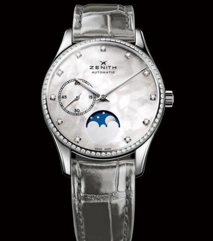 Replica Zenith Watch for Women Replica Watch Zenith Elite Ultra Thin Lady Moonphase Heritage 16231069281C706 Steel Diamonds Mother of Pearl Alligator Strap Best Buy Cheap Price Replica Watch