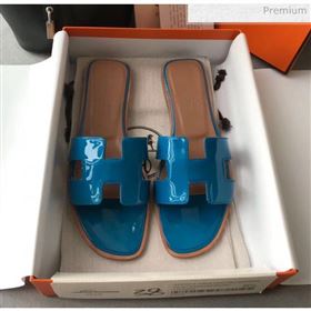 Replica Hermes Patent Calfskin Leather Oran H Flat Slipper Sandals Peacock Blue MD 20040103 [fab 69114 200404] 13700 : Purse Valley,Designer Replica Handbags,Premium Replica Handbags at PurseV