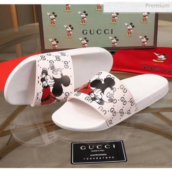 Replica Gucci x Disney Mickey GG Print Rubber Flat Slide Sandals White 2020